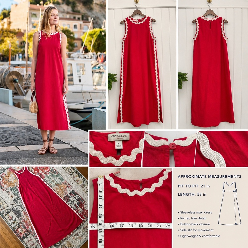 Voyageur by Mersea Red Ric Rac Trim Sleeveless Maxi Dress Large Coastal Resort